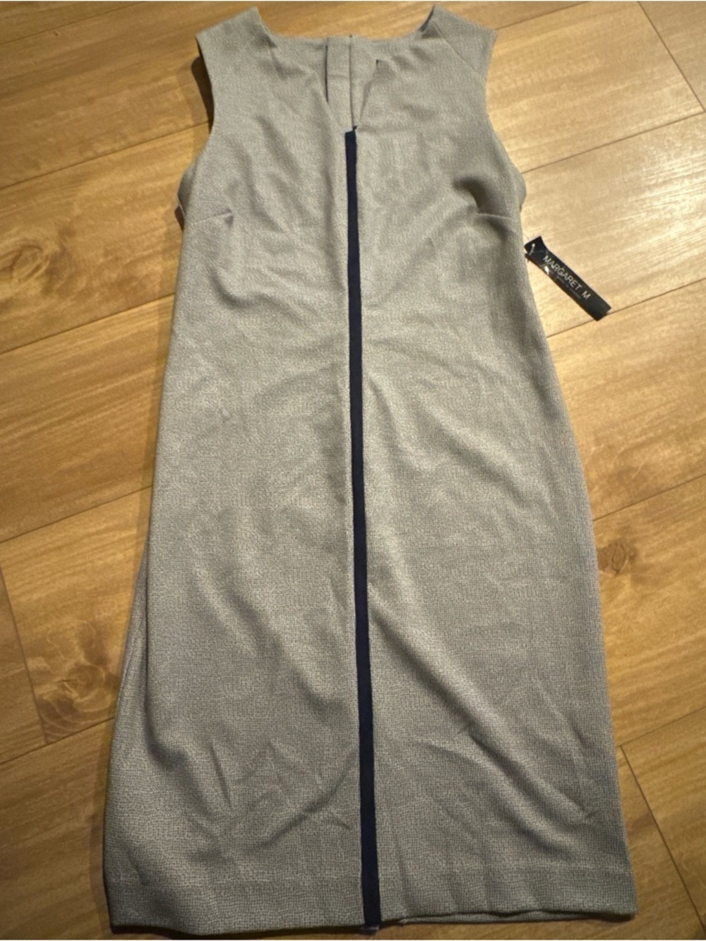 Margaret M Sleeveless Midi Dress in Light Gray with Navy Trim